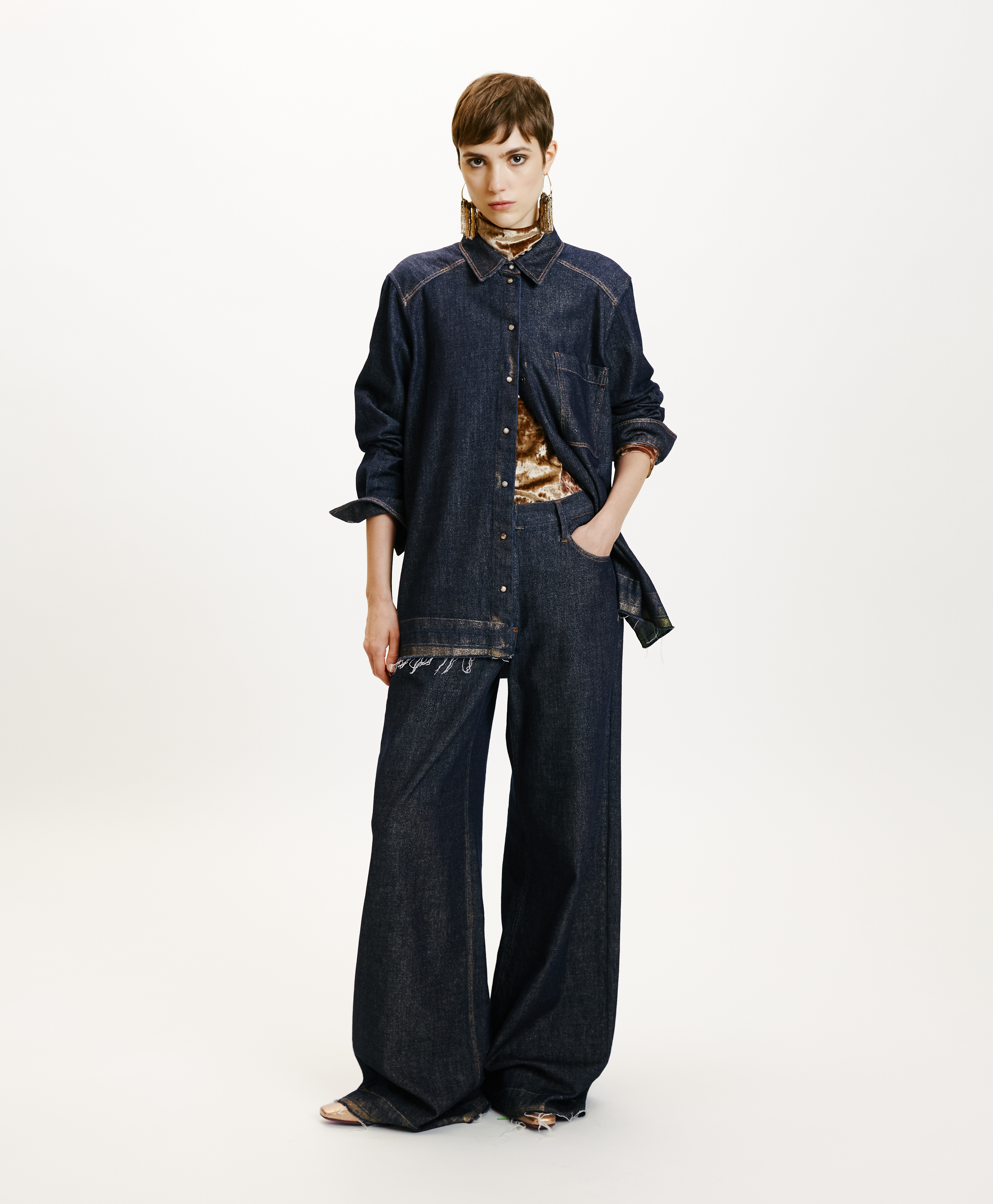 AURA SHIRT IN LAMINATED DENIM - BLUE/GOLD - Momonì