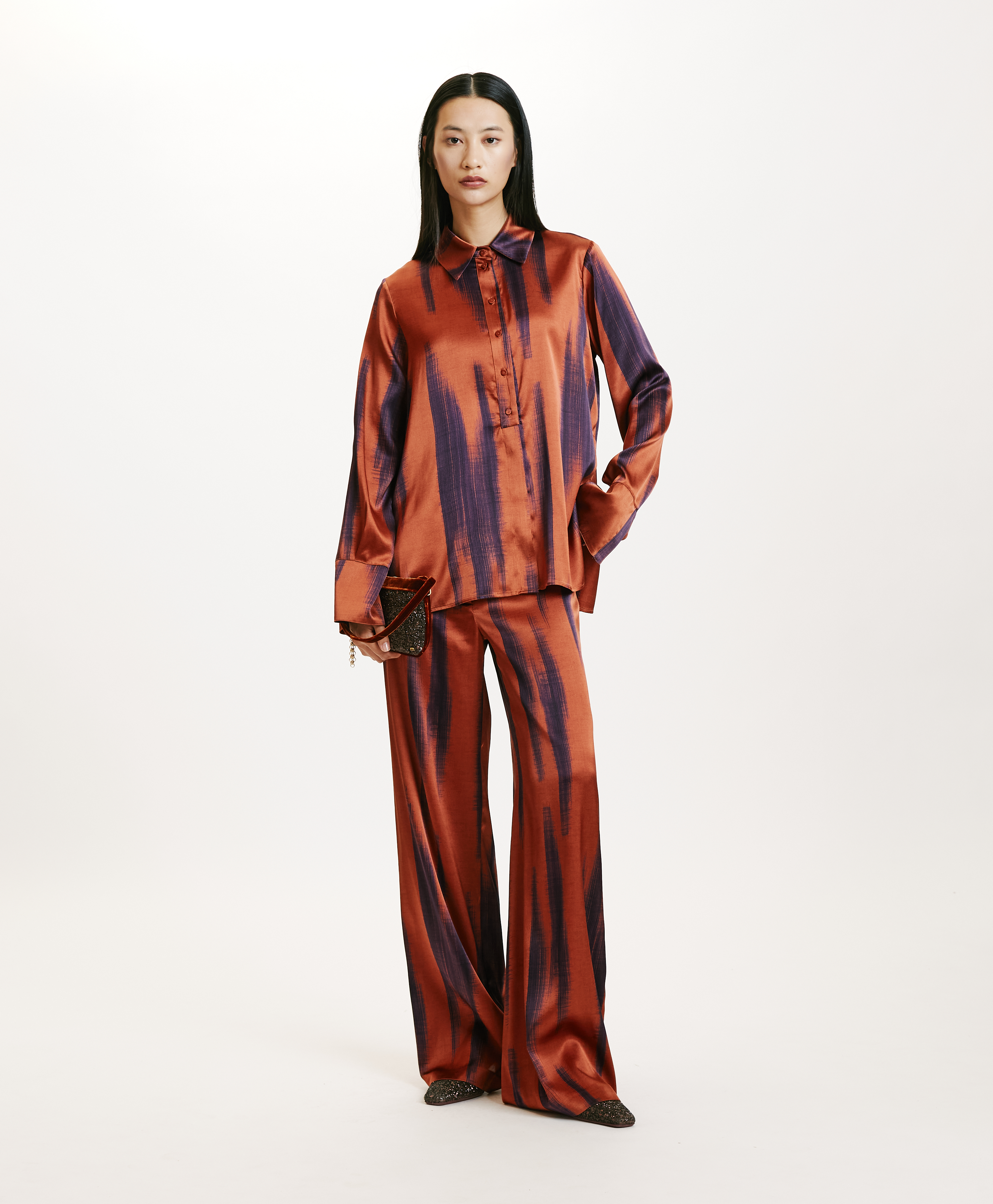 HAKINARI SHIRT IN PRINTED STRETCH SATIN - RUST/INK - Momonì