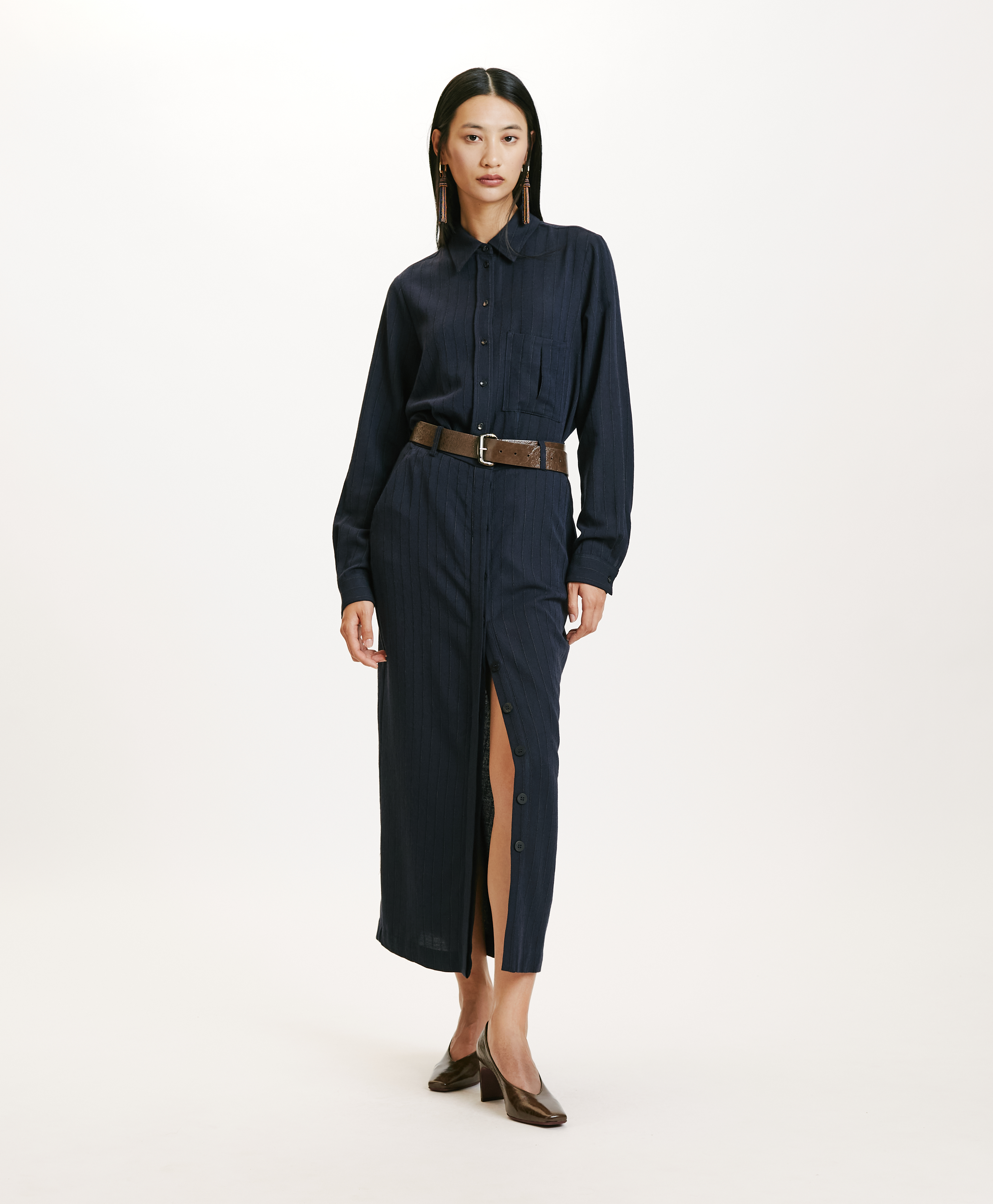 NOA SKIRT IN CHALKSTRIPE WOOL TWILL - BLUE - Momonì