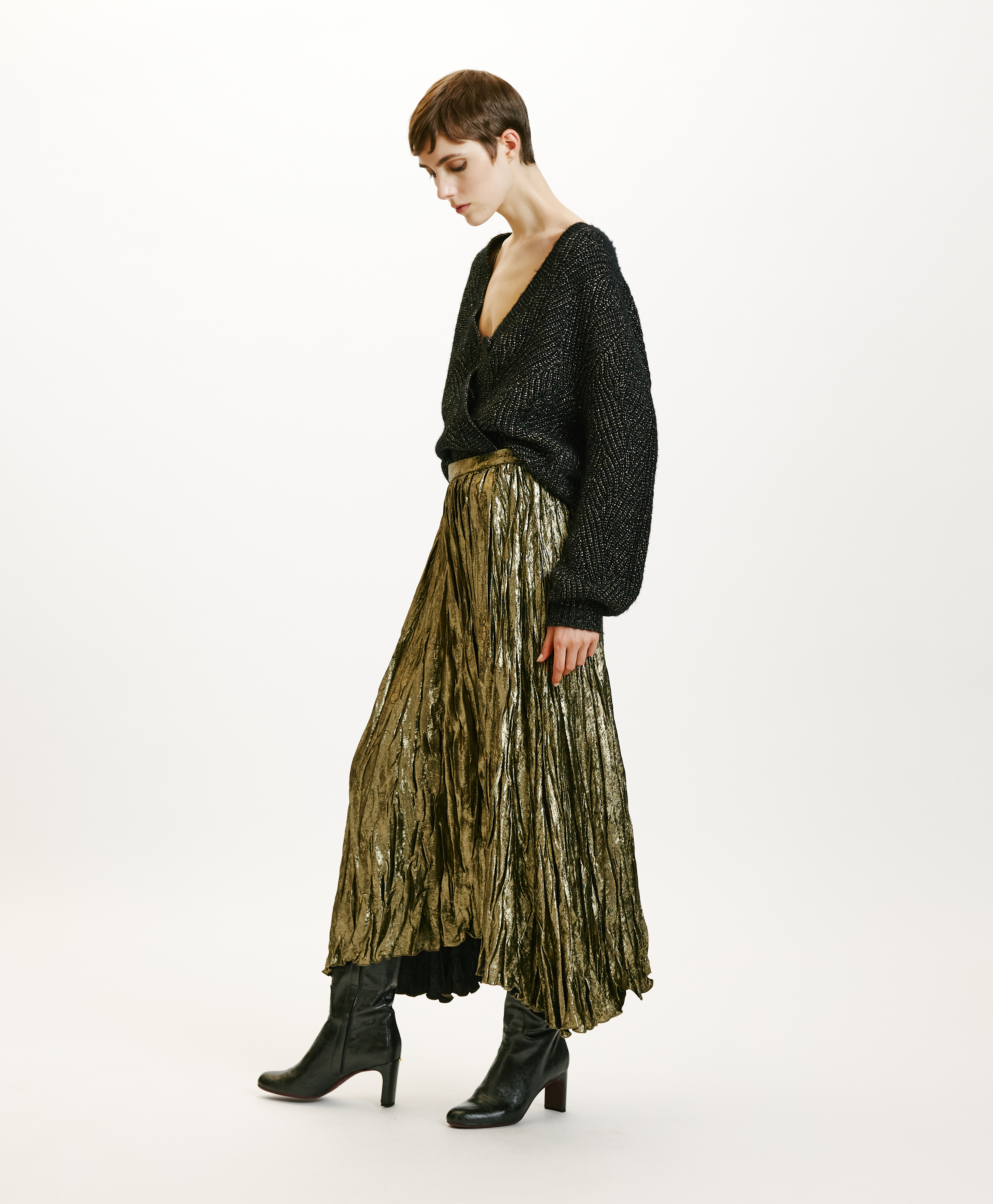 EVALINE PLEATED SKIRT IN FLUID LAMINATED FABRIC - DARK GOLD - Momonì