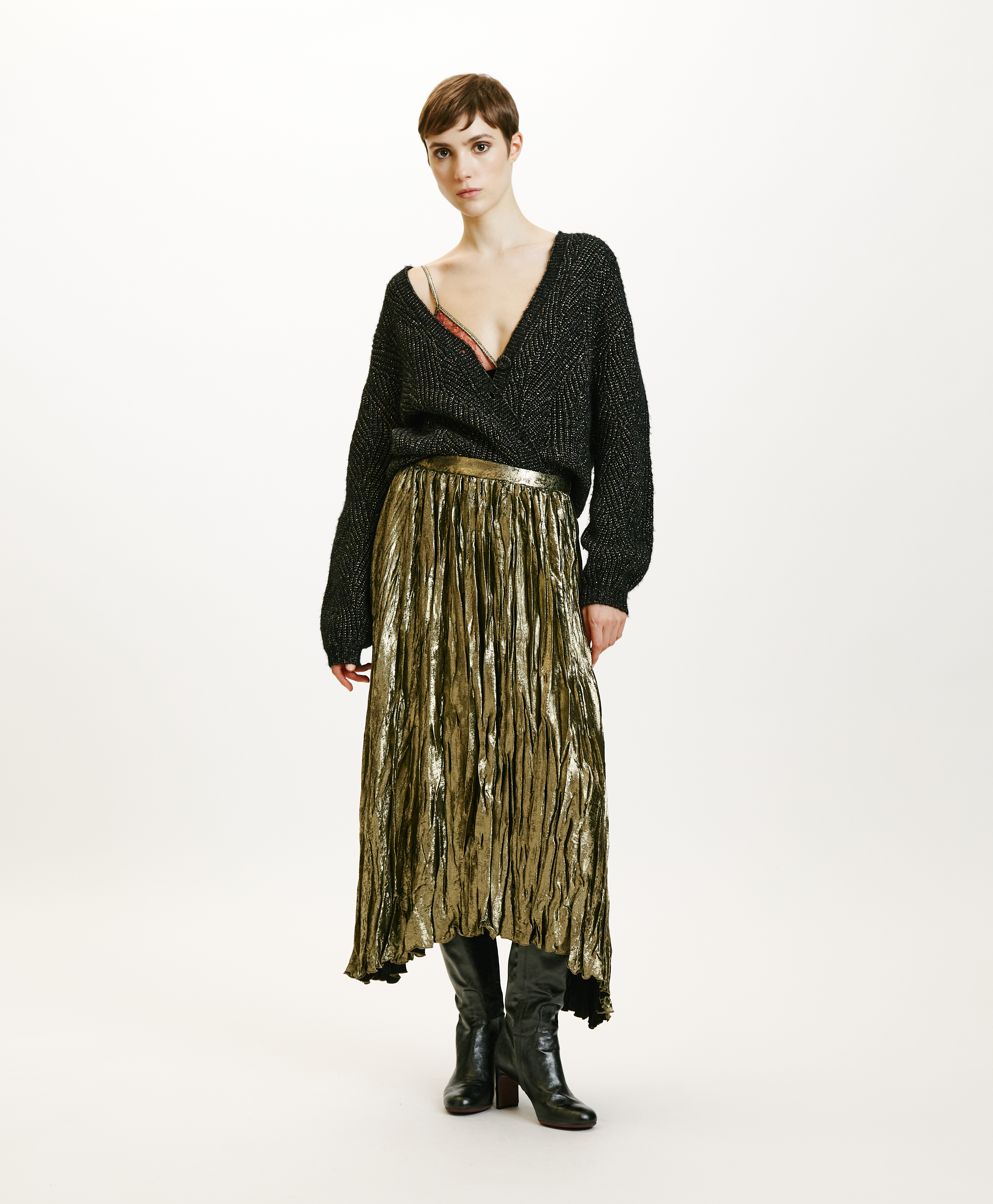 EVALINE PLEATED SKIRT IN FLUID LAMINATED FABRIC - DARK GOLD - Momonì