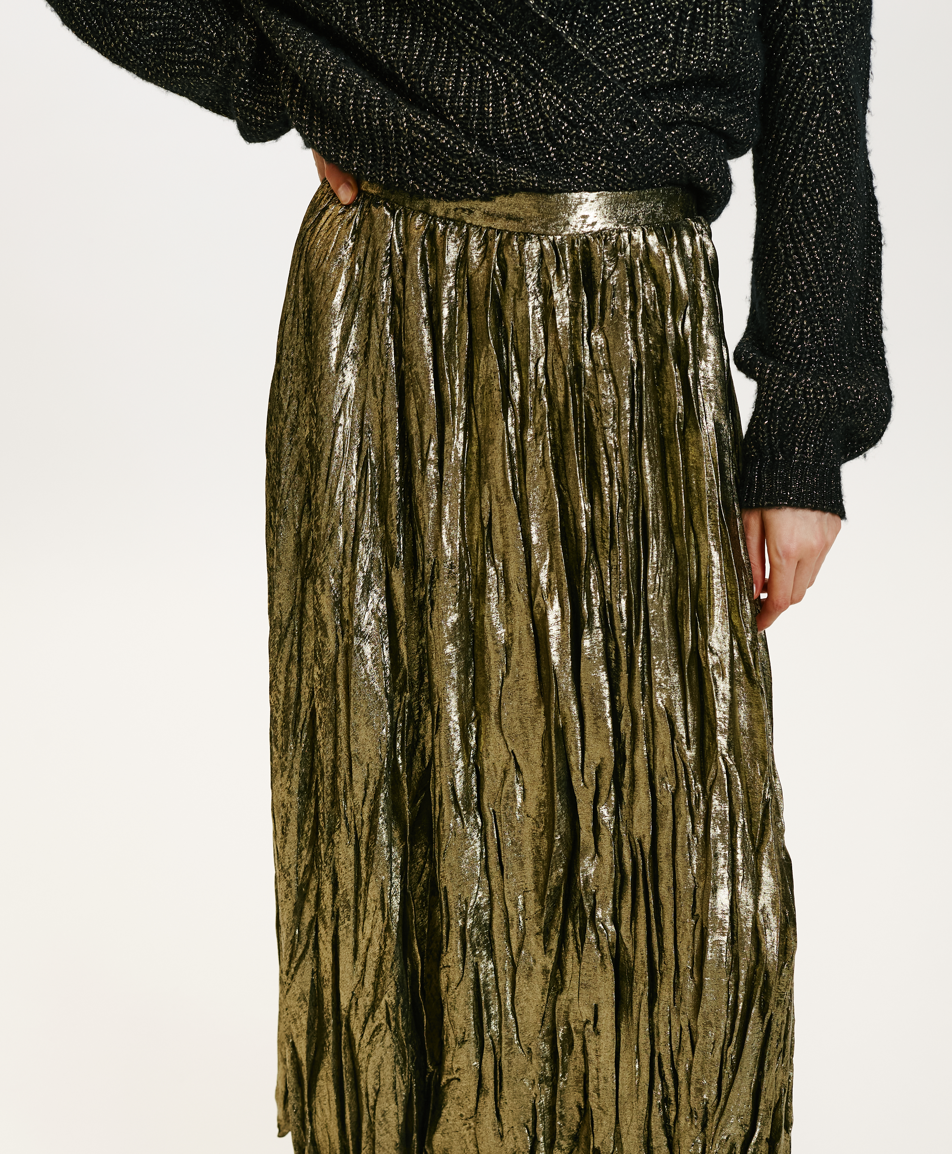 EVALINE PLEATED SKIRT IN FLUID LAMINATED FABRIC - DARK GOLD - Momonì