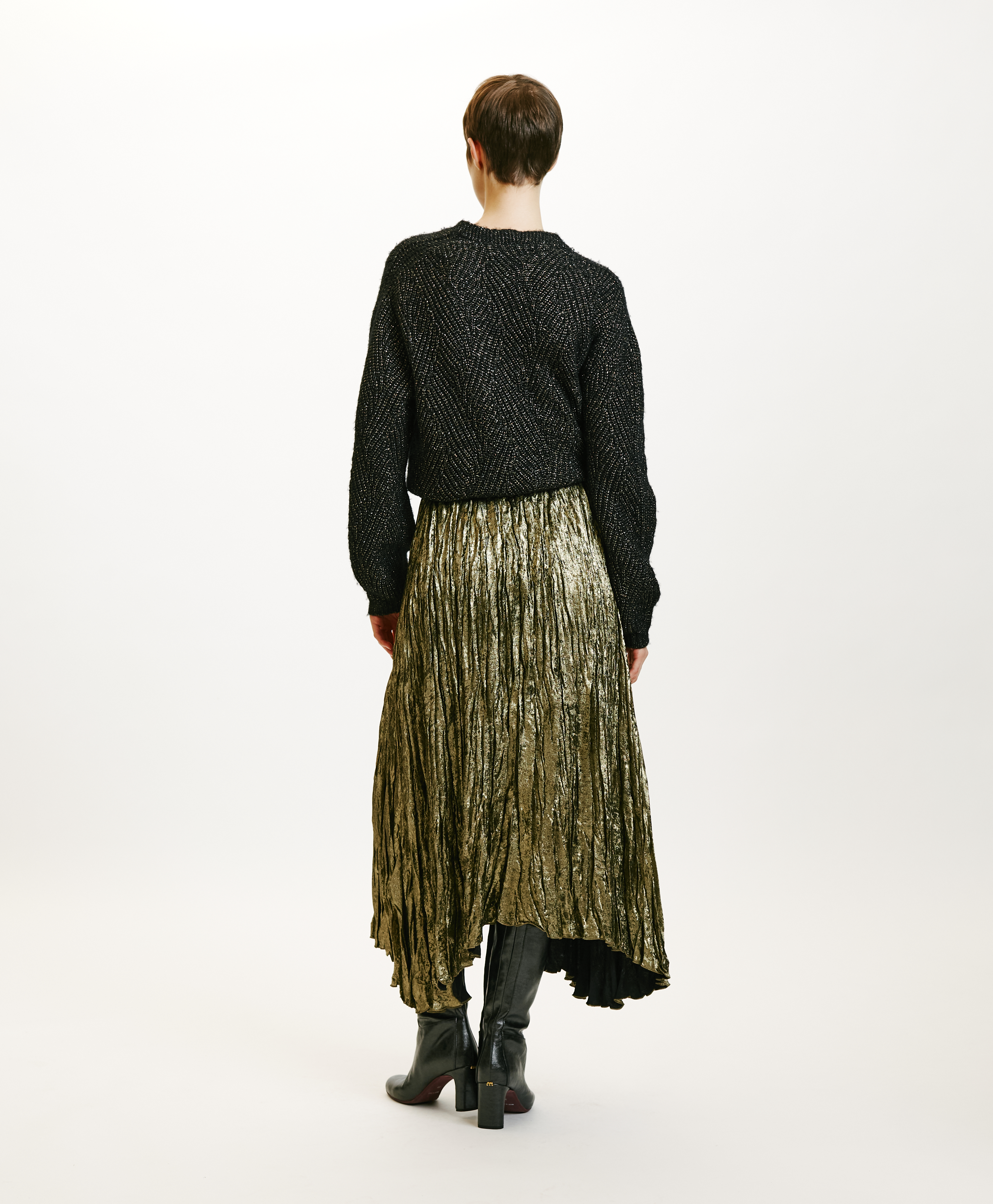 EVALINE PLEATED SKIRT IN FLUID LAMINATED FABRIC - DARK GOLD - Momonì