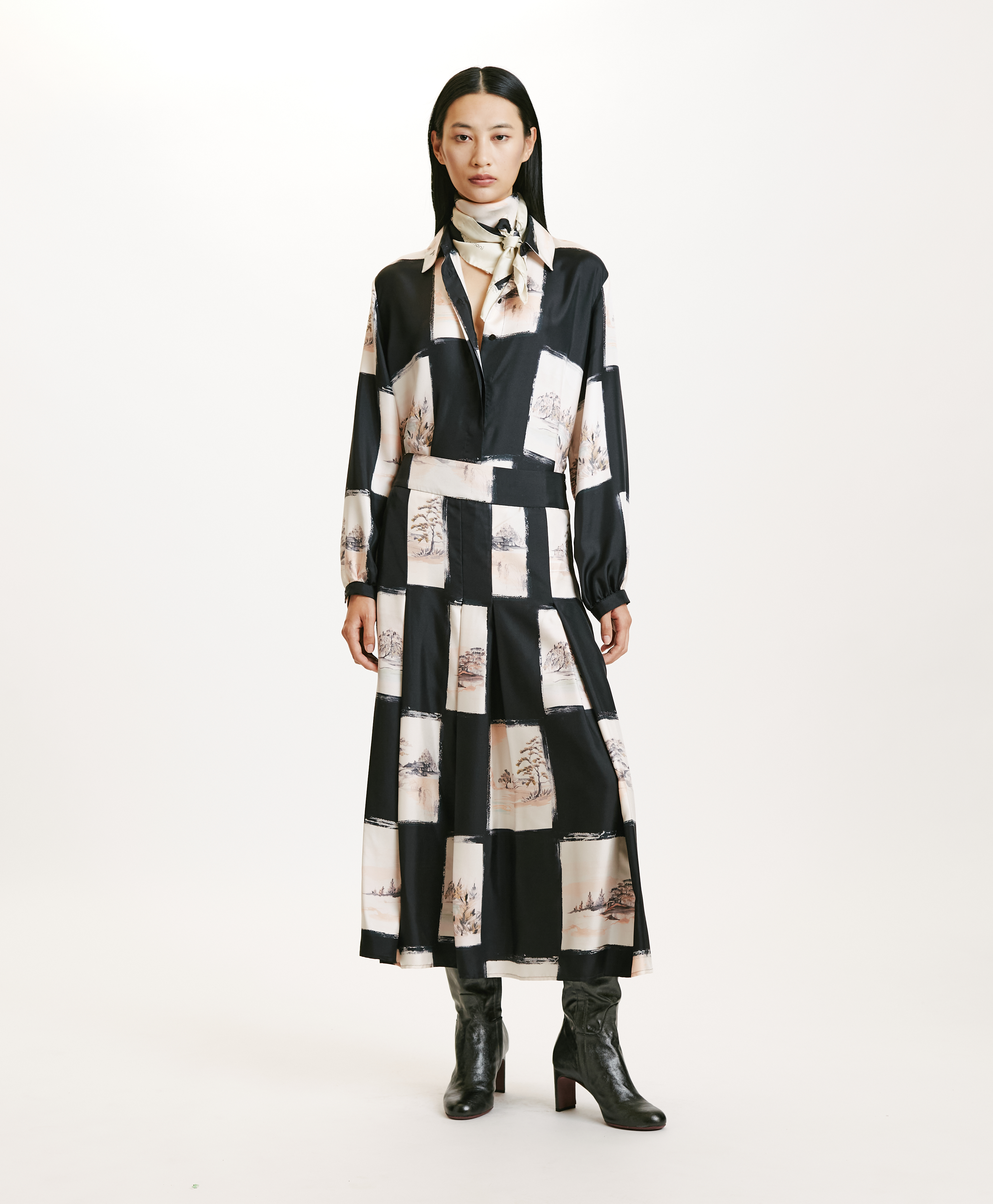 HARUKA SKIRT IN PRINTED SILK TWILL - MULTICOLOR BLACK - Momonì