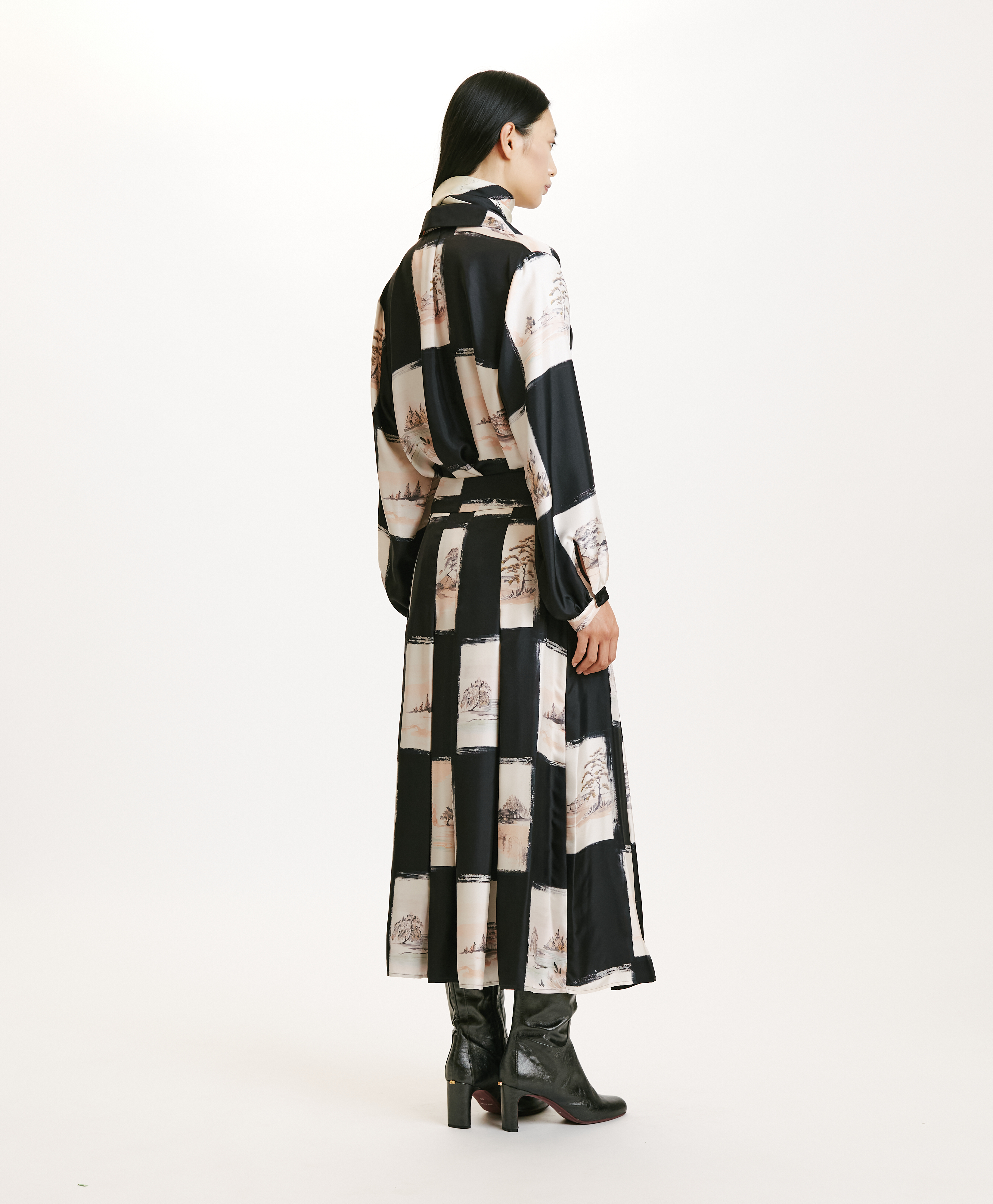 HARUKA SKIRT IN PRINTED SILK TWILL - MULTICOLOR BLACK - Momonì