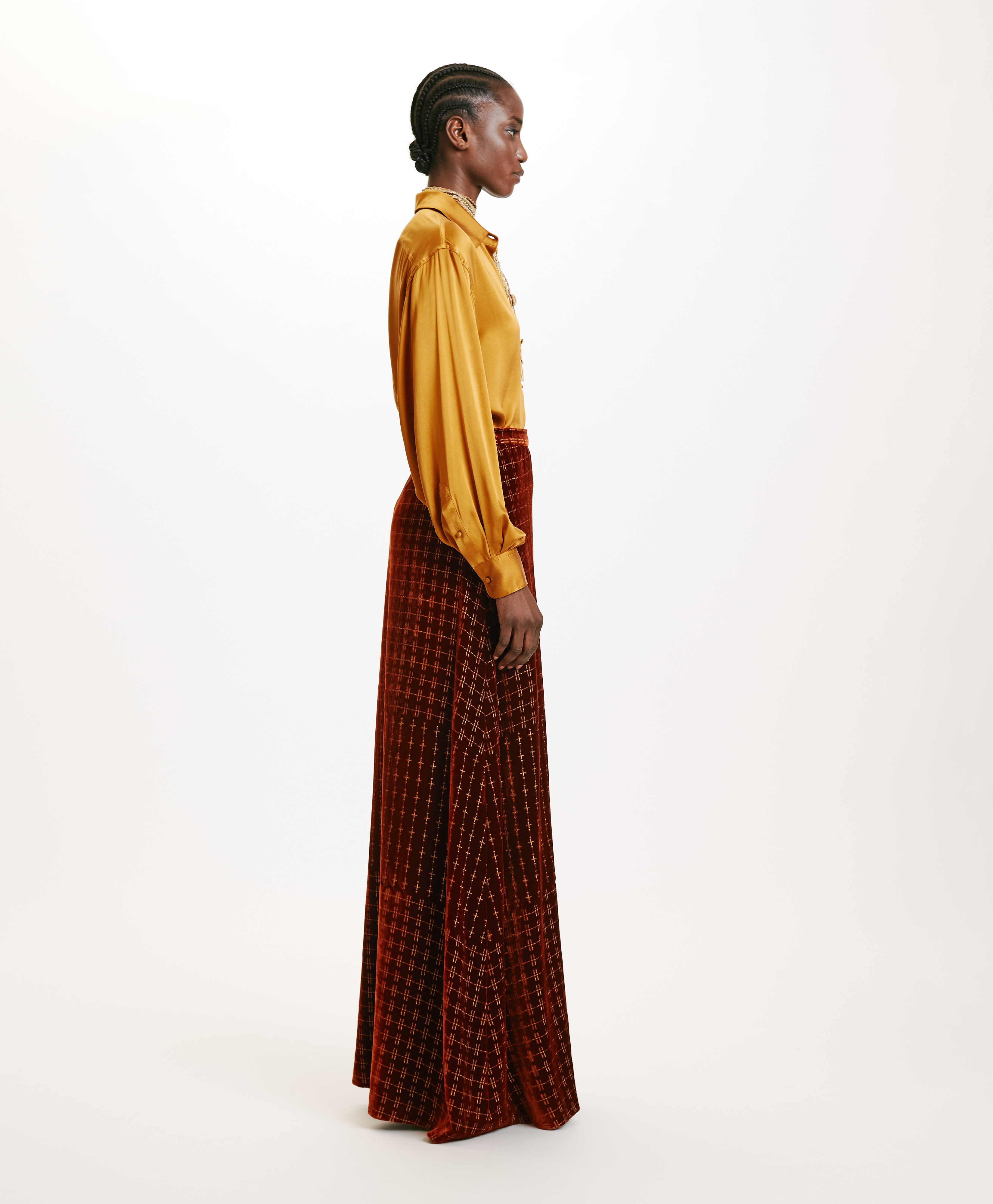 DORESU SKIRT IN EMBROIDERED SILK BLEND VELVET - RUST - Momonì