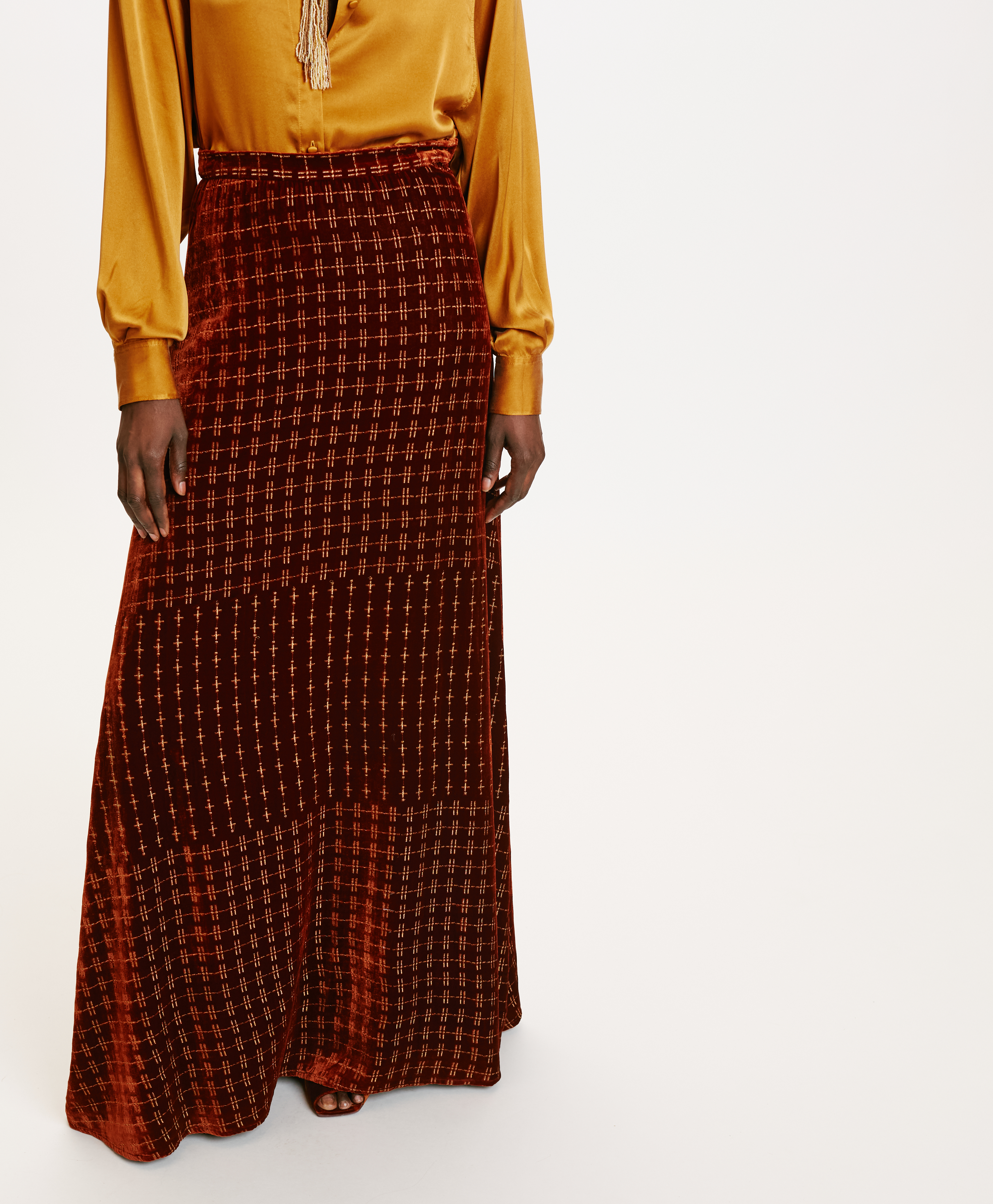 DORESU SKIRT IN EMBROIDERED SILK BLEND VELVET - RUST - Momonì